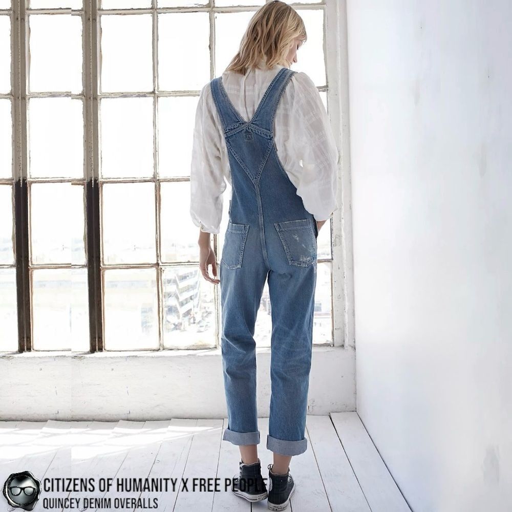 CITIZENS OF HUMANITY X FREE PEOPLE QUINCEY PATCHWORK EMBROIDERED DENIM OVERALLS - Picture 3 of 16